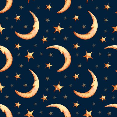 Kusursuz ay ve yıldız deseni. Sulu mavi arka plan, altın sarısı gökyüzü elementleri ambalaj kağıdı, çocuk tekstili, duvar kağıdı.