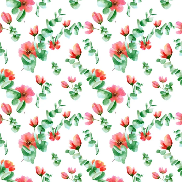 Nahtloses Blumenmuster Aquarell Hintergrund Mit Grünen Eukalyptusblättern Roten Gartenrosenblüten Zum — Stockfoto
