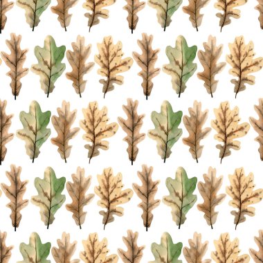Kusursuz meşe yaprakları deseni. Sonbahar tekstil ve duvar kağıtları için kahverengi, yeşil ve sarı yapraklı suluboya arkaplan