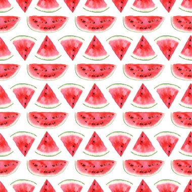 Kusursuz karpuz deseni. Tekstil ve yaz dekorasyonu için bir dilim karpuz çileği ve duvar kağıdı içeren suluboya arkaplan