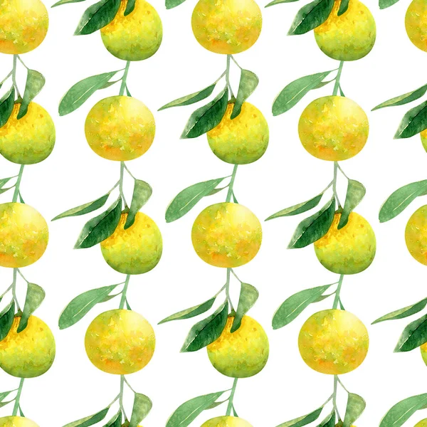 Seamless orange fruits pattern. Watercolor summer background with orange and yellow fruit on branches for textile, kitchen decor, holidays fabric texture