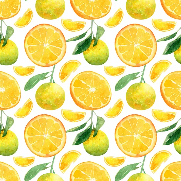 Seamless oranges pattern. Watercolor background with sweet juice orange fruits and slices for summer textile, kitchen decor, wallpaper