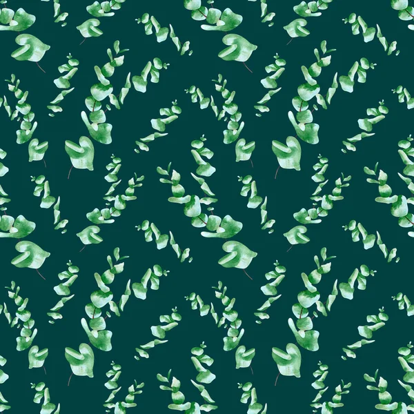 Seamless eucalyptus pattern. Watercolor floral background with green plants leaf and branches for wrapping paper, textile prints, wallpaper, kitchen decor