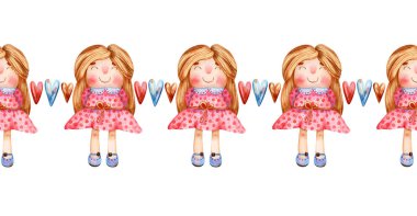 Oyuncak bebek, kız ve kalplerle kusursuz bir yatay sınır. Afişler, çerçeveler, tebrik kartları tasarımı için sevimli çocuklar çizimi