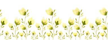 Kusursuz çiçek sınırında. Sarı çiçekli yatay çerçeve, davetiye tasarımı için yeşil bitkiler, yaz hatıraları, tekstil dekoru ve parmak izleri.