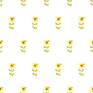 Kusursuz çiçek deseni. Tekstil, duvar kâğıdı, ev dekorasyonu, ambalaj için soyut sarı ve yeşil çiçekleri olan suluboya botanik arka plan