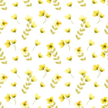 Kusursuz çiçek deseni. Tekstil, duvar kâğıdı, ev dekorasyonu, ambalaj için sarı çiçekleri ve yeşil yaprakları olan suluboya bitki örtüsü.