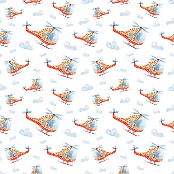 Seamless helicopters toy and clouds pattern. Watercolor kids background with cute illustration for children textile, wallpaper, home decor