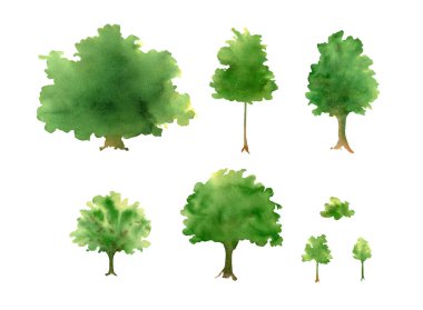 Watercolor trees collection. Abstract illustration with oak, maple trees, bush silhouette with stains for souvenirs, backgrounds design