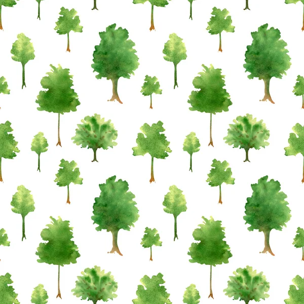 Zökkenőmentes Fák Mintázata Akvarell Háttér Juhar Tölgy Sziluett Zöld Erdő — Stock Fotó