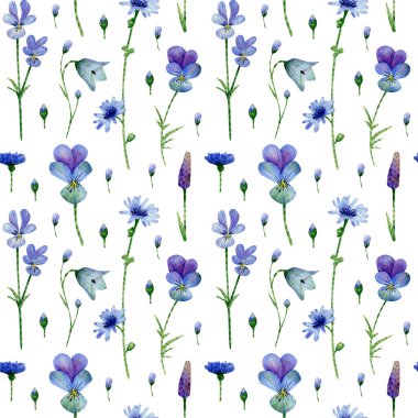 Seamless blue wildflowers pattern. Watercolor floral background with chicory flowers, pansies, bluebell flower, cornflower, stem, leaves for textile, wallpapers