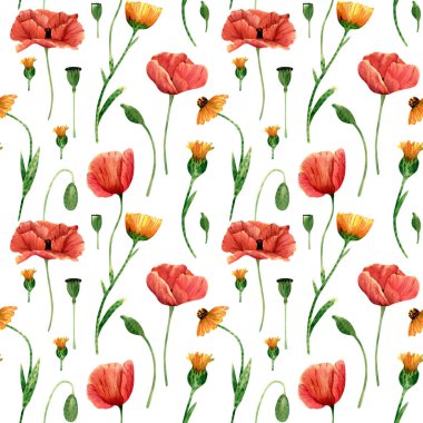 Seamless poppies and calendula flowers pattern. Watercolor floral background with red and yellow wildflowers stem, leaves for textile, wallpapers
