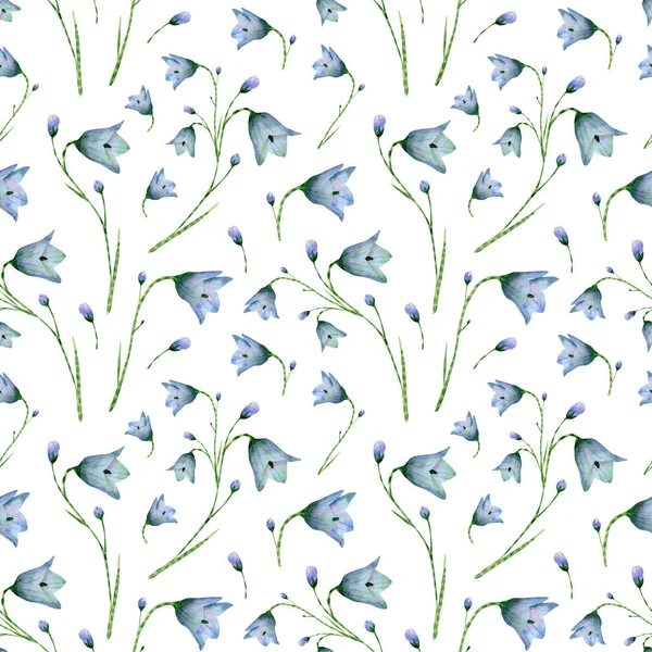 Seamless bluebell flower pattern. Watercolor background with blue wildflowers, leaves, bud. Ornament with plants for textile, wallpapers