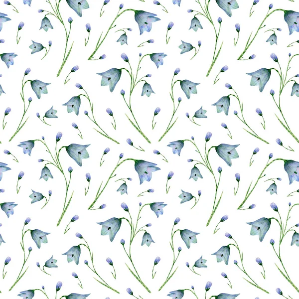 Seamless bluebell flower pattern. Watercolor background with blue wildflowers, green leaves on stem. Ornament with plants for textile, wallpapers