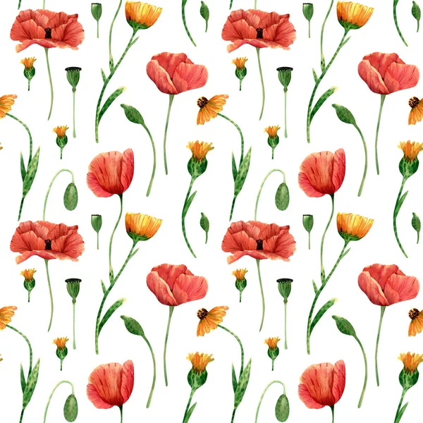 Seamless Poppies Calendula Flowers Pattern Watercolor Floral Background Red Yellow — Foto de Stock