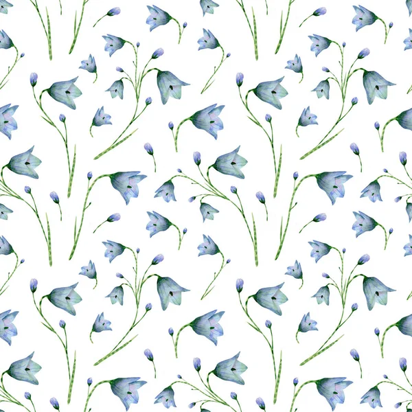 Seamless Bluebell Flower Pattern Watercolor Background Blue Wildflowers Leaves Bud — Fotografia de Stock