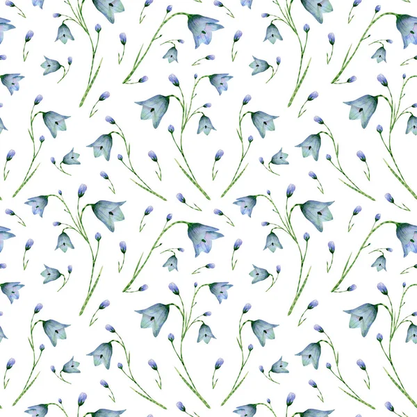 Seamless Bluebell Flower Pattern Watercolor Background Blue Wildflowers Green Leaves — Stock Fotó