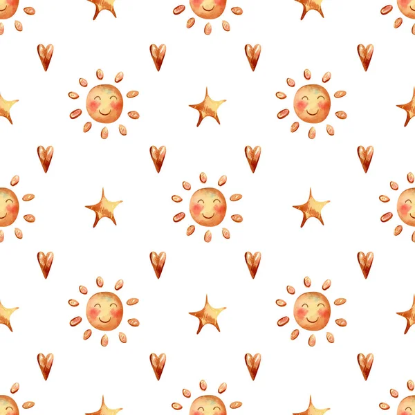 Seamless Pattern Sun Hearts Stars Watercolor Kids Background Cute Cartoon — Foto de Stock