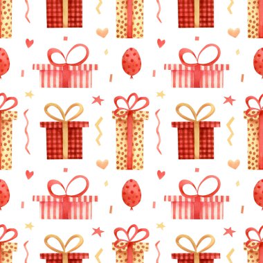 Seamless pattern with gift boxes. Watercolor background with red and yellow present, hearts, stars, confetti for wrapping paper, decorations
