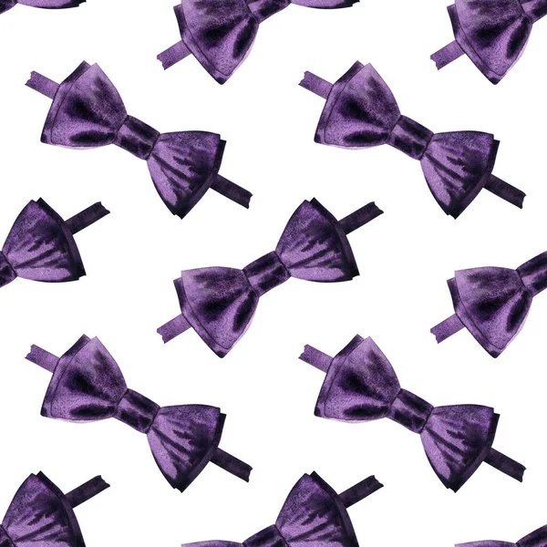 Seamless bow-tie pattern. Watercolor background with black and violet satin bow tie for wrapping paper, textile, party decor