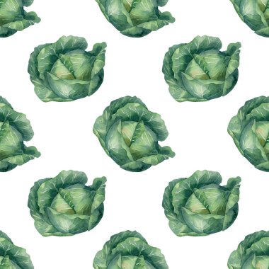 Kusursuz lahana deseni. Yeşil yapraklı sebzeli suluboya arkaplan, salata, tekstil bitkileri, mutfak dekoru, duvar kağıdı