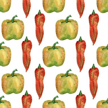 Kusursuz biber deseni. Sonbahar arkaplanı sarı ve kırmızı biberli sebze bitkisi, tekstil hasadı, mutfak dekorasyonu, duvar kağıdı