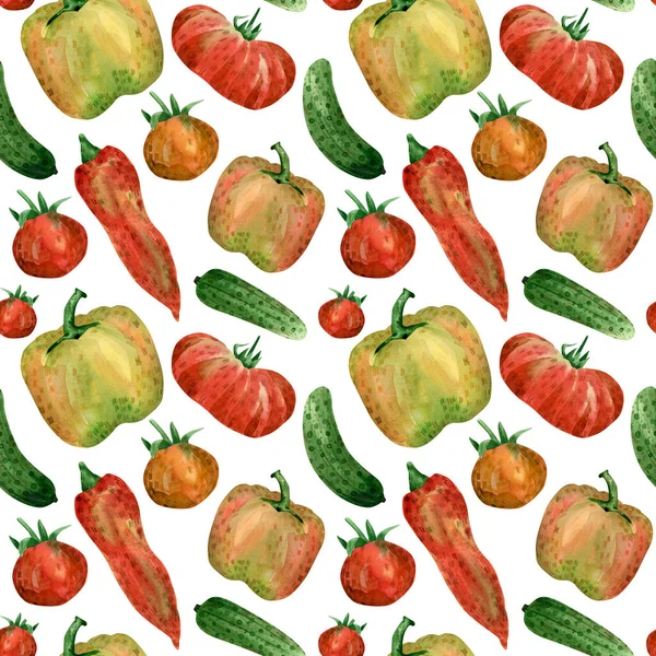 Seamless vegetable pattern. Watercolor background with tomato, cucumber, pepper, harvest for textile, kitchen decor, wallpaper