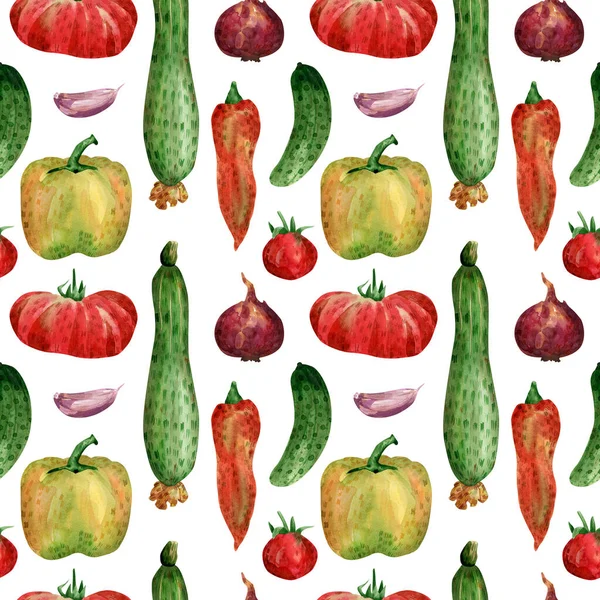 Χωρίς Ραφές Μοτίβο Λαχανικών Υδατογραφία Φόντο Αγγούρι Ντομάτα Κρεμμύδι Πιπέρι — Φωτογραφία Αρχείου