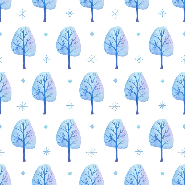Bezešvé Stromy Mrazivém Vzoru Akvarel Zimní Pozadí Modrými Stromy Sněhové — Stock fotografie