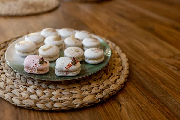 White Pink Macarons Lie Plate Wooden Table Delicious Light Cookies — Stockfoto