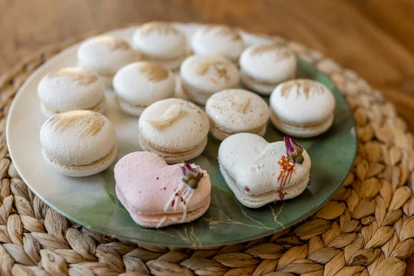 White Pink Macarons Lie Plate Wooden Table Delicious Light Cookies — Stockfoto