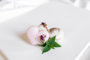 Hafif arka planda yeşil yapraklı güzel, lezzetli hamur işleri. Beyaz bir tuvalde beyaz ve pembe badem kurabiyeleri. Sevgililer Günü arkaplanı