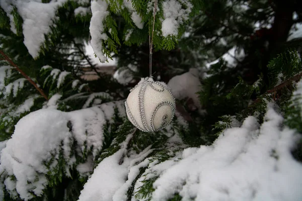 Karla kaplı bir Noel ağacında asılı duran Noel topu. Yatay çerçeve..