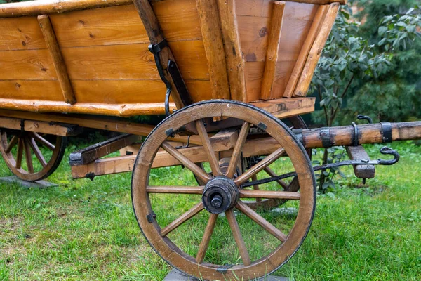 Eski bir arabanın ahşap tekerleği. Yeşil çimlerin arka planında.