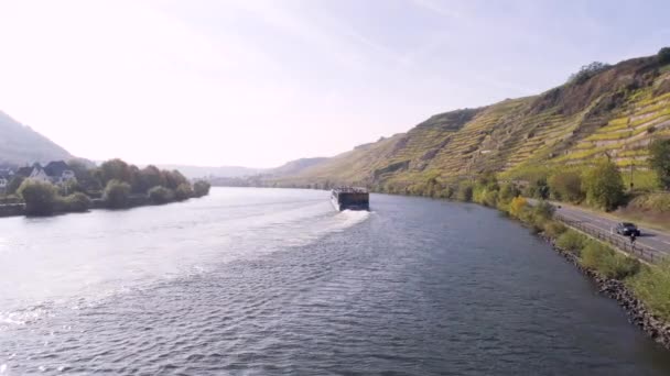 Drone riprese aeree della barca da crociera vicino alle piante di vigneto nel villaggio di Winningen Famosa regione vinicola tedesca Mosella River — Video Stock