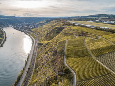 Hava manzaralı ünlü Alman Şarap Bölgesi Moselle Nehri Yatağı ve Guels Köyü Sonbahar Sonbahar Renkleri.