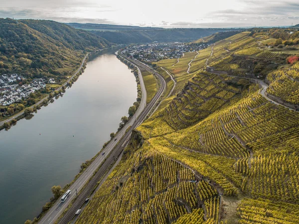 Luftaufnahme Berühmte Deutsche Weinregion Mosel Lay Und Güels Dorf Herbst — Stockfoto