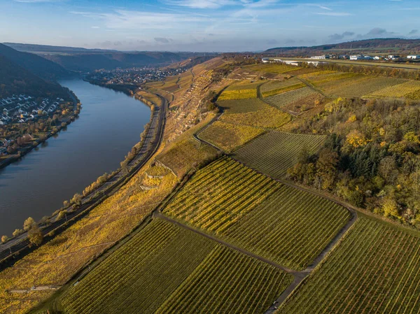 Αεροφωτογραφία Διάσημη Γερμανική Περιοχή Οίνου Moselle Ποταμός Lay Guels Χωριό — Φωτογραφία Αρχείου