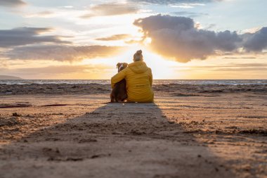 Bir Alman boksör köpeği gün batımında sahil kenarında oturuyor. Yanında sarışın takım arkadaşı İsveçli kız var..