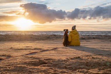 Bir Alman boksör köpeği gün batımında sahil kenarında oturuyor. Yanında sarışın takım arkadaşı İsveçli kız var..