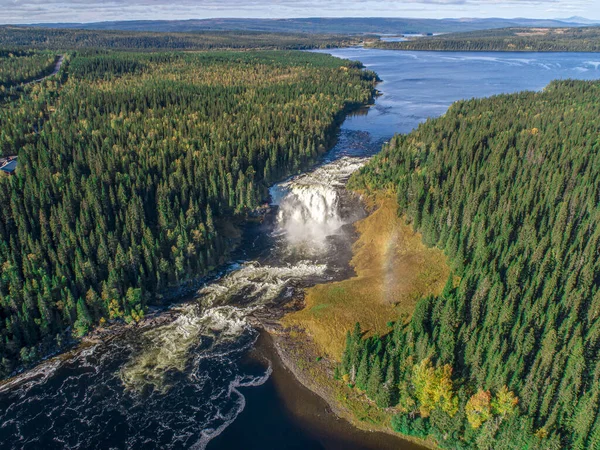 Flygfoto Över Den Berömda Vattenfallet Tannforsen Norra Sverige Med Regnbåge — Stockfoto