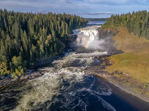 Aerial View Famous Waterfall Tannforsen Northern Sweden Rainbow Mist Rapid — Stock Photo, Image