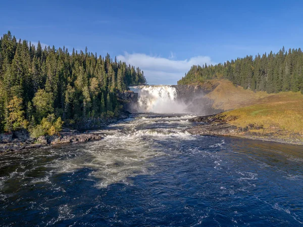 Flygfoto Över Den Berömda Vattenfallet Tannforsen Norra Sverige Med Regnbåge — Stockfoto