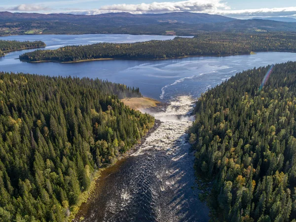 Flygfoto Över Den Berömda Vattenfallet Tannforsen Norra Sverige Med Regnbåge — Stockfoto