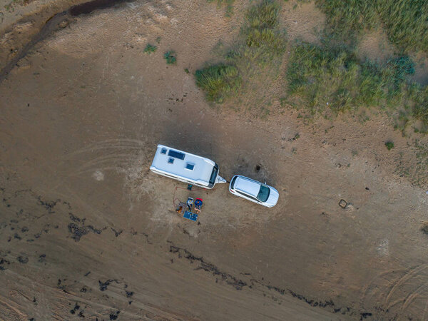 Caravan Campig Sunset beautiful landscape beach sand dunes near Melbystrand Laholm Sweden coast outdoor Lifestyle.
