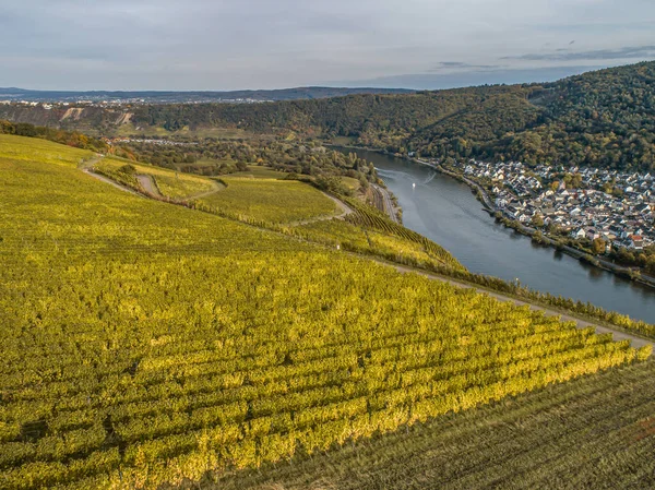 Luftaufnahme Berühmte Deutsche Weinregion Mosel Lay Und Güels Dorf Herbst — Stockfoto