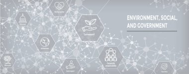 Çevre ve Sosyal Yönetim Simgesi Seti ve ESG fikirli Web Başlığı Afişi