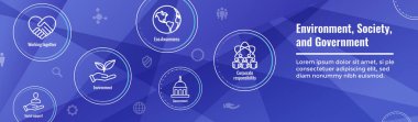Çevre ve Sosyal Yönetim Simgesi Seti ve ESG fikirli Web Başlığı Afişi