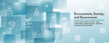 Çevre ve Sosyal Yönetim Simgesi Seti ve ESG fikirli Web Başlığı Afişi