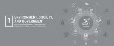 Çevre ve Sosyal Yönetim Simgesi Seti ve ESG fikirli Web Başlığı Afişi